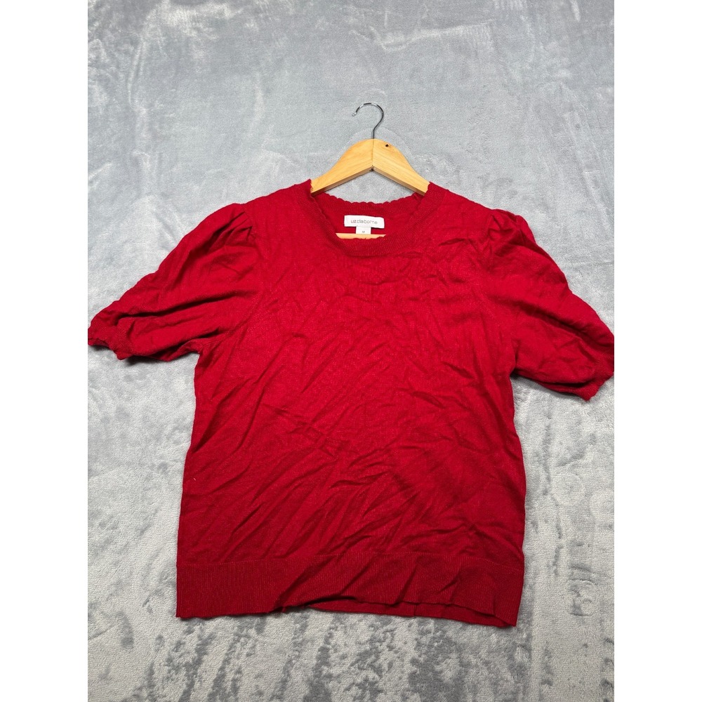 Liz Claiborne Sweater Womens M Red Lenzing Ribbed Hem Short Sleeve Winter Wear